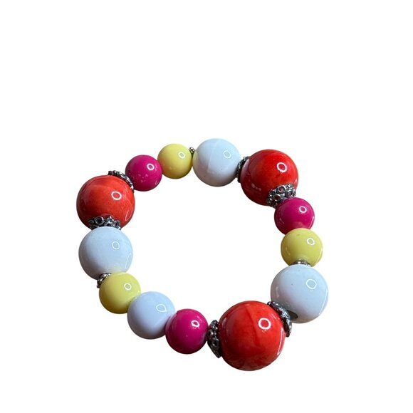 Ceramic Beaded Stretchy Bracelet Red White Yellow Silvertone 6.25 inches - Picture 2 of 3